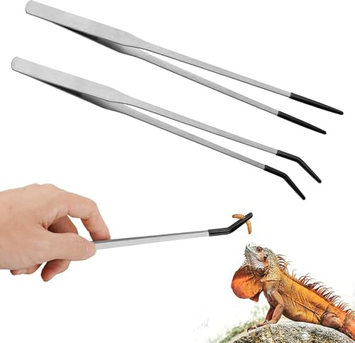 2Pcs Reptile Feeding Tongs, Extra Long Tweezers Stainless Steel Straight and Curved Tweezers with Rubber Tips, Duty Reptile Feeding Tongs Aquarium Accessories Tweezers