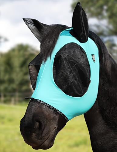 Harrison Howard Maschera antimosche per cavalli con apertura Forelock, traspirante, confortevole per cavalli, protezione UV, verde turchese, M