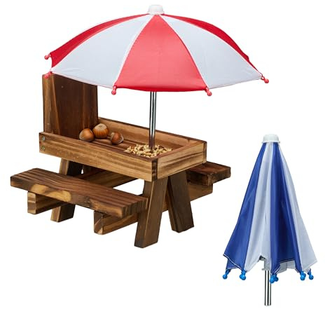 Relaxdays Tavolino Mangiatoia per Scoiattoli, Stazione Appesa con Ombrelloni, per Gli Alberi, in Legno, Marrone Scuro
