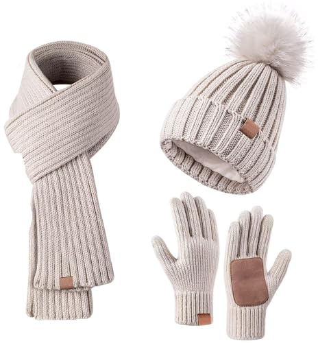 Mis.Moon Ensemble bonnet d'hiver pour femme, écharpe et gants, bonnet d'hiver avec pompon doublé en polaire, écharpe chaude, bonnet, gants, écharpe, bonnet chaud 3 en 1