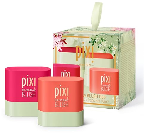Pixi Beauty On-the-Glow Mini Blush Duo Holiday Ornament Gift Set | 2X Petite Size On-the-Glow Blush Sticks | Shades Ruby and Juicy
