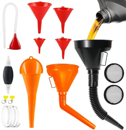 Encuryna 14 Stück Trichter Set, Flexibles Kunststoff EinfüLltrichter Set Trichter mit Schlauch Öltrichter mit Abnehmbarem Öltrichter für KFZ Auto Werkstatt Haushalt