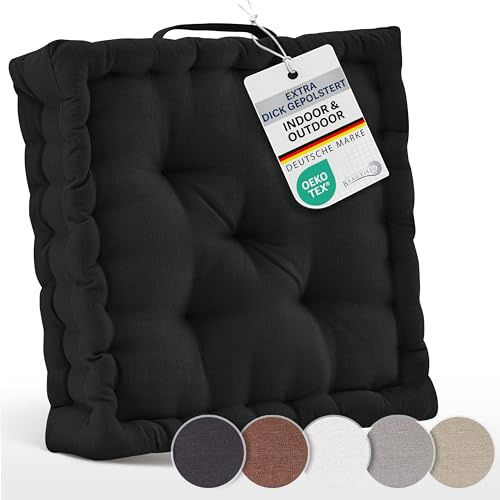 Beautissu Set di 2 cuscini da pavimento 50x50 cm - Cuscino materasso spesso 10cm - 100% cotone cuscino per sedia da interno e da esterno cuscino da pavimento con maniglia cuscino nero - Mila