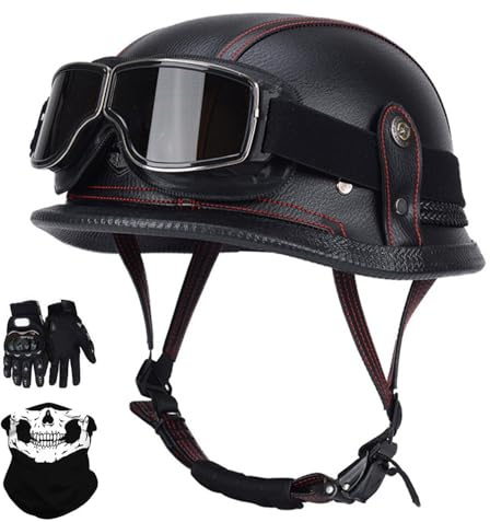 Estilo Alemán Motocicleta Medio Casco, Unisexo Vendimia Cuero Medio Casco con Gafas Máscara Guantes, ECE Certificado, para Moto Vespa Helicóptero Ciclomotor(Z7,M/55-57CM)