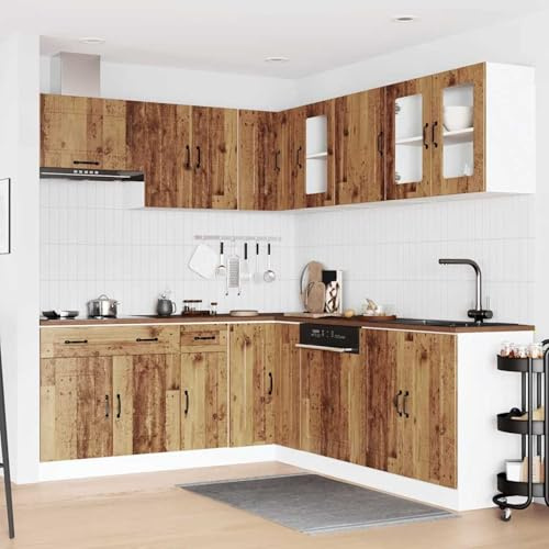 ATOMSTACK MAKER Kalmar Lot de 11 armoires de cuisine aspect bois vieilli et verre avec pieds réglables pour évier, armoires d'angle et suspendues, design élégant, beaucoup d'espace de rangement