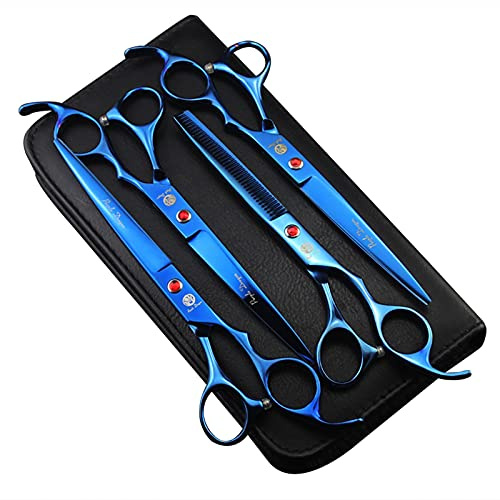 Purple Dragon PS02 Professional 7.0 inch 4PCS Pet Grooming Scissors Kit Japan Premium Steel Straight & Curved & Thinning Blade Dog Hair Cutting Shears Set with Case,Blue