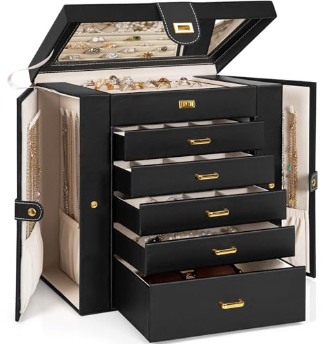 AKOZLIN Enorme joyero organizador funcional con cerradura, estuche de almacenamiento de joyas de cuero extra grande para mujeres y niñas, anillos, collares, aretes, pulseras, organizador con espejo,