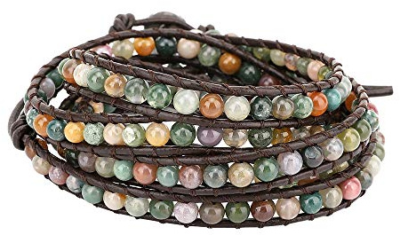 Emibele Braccialetto Donna, Bracciale da Polso Regolabile in Pelle con Sfere Colorate, Chiusura a Bottone, Gioielleria Accessori, Bracciale Artigianale Avvolgente Women Girls Ladies - Verde