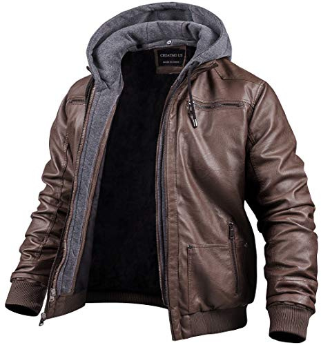 Men's Faux Leather Jacket Motorcycle Jacket Waterproof Windproof PU Moto Outerwear Vintage Bomber Hoodie with Removable Hood, Coffee Light, Medium