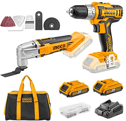 INGCO 20V Kit Inalámbrico 45NM Taladro Atornillador y Multiherramienta con 2x 2.0Ah Bateria CDLI2002+CMLI2001