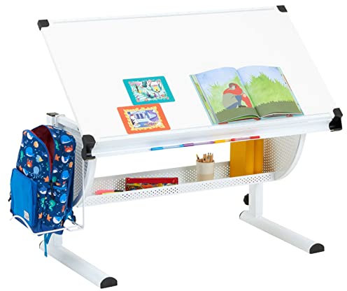 CARO-Möbel Kinderschreibtisch Sari höhenverstellbar in weiß/weiß, Schreibtisch für Kinder neigbar mit Rille für Stifte, Schülerschreibtisch mit Ablage und Rucksackhalterung