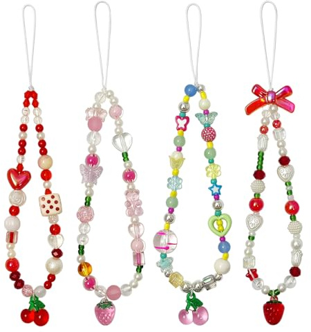 4 Pieces Cute Phone Charms Beaded Phone Strap Aesthetic Y2K CellPhone Keychain Cute Bear Butterfly Heart Cool PhoneCharm for Bag Keychain Airpods Camera Pendants Decor (Cute Strawberry Cherry Sets)