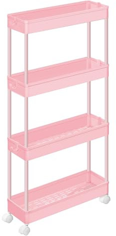 SONGMICS Carro de Almacenamiento de 4 Niveles, Carrito con Ruedas, Carro de Cocina, Ahorro de Espacio, para Baño, Oficina, 14,4 x 42 x 86 cm, Rosa Jalea KSC008R01