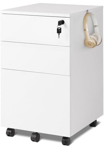 DEVAISE Rollcontainer, Aktenschrank Abschließbar mit 3 Schubladen, Büroschrank für A4/Legal/Letter, Kratzfest, Wasserdicht, für Home-Office, Weiß