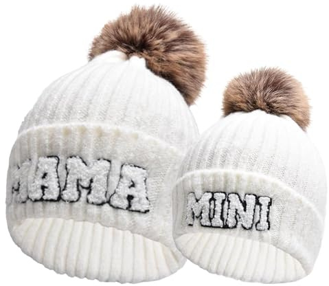 Kunyeah 2PCS Gorro Beanie Padre-Hijo Mujer Gorro de Punto Bordado Mamá y Bebé Gorros a Juego Gorra Cálida de Invierno con Pompón, blanco, Talla única