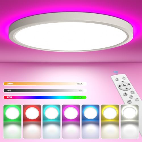 YiLaie Plafon LED Techo Regulable 24W 2200LM, 3000K-6500K Lámpara de Techo con control remoto, Luz de techo LED RGB,IP54 Impermeable Plafon para Baño Salón Dormitorio Cocina,Ø30CM