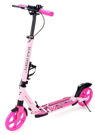 Scale Sports - Klappbarer Tretroller für Erwachsene bis 100 kg, Jugendliche und Kinder ab 7 Jahren, mit Flügel- und Scheibenhandbremsen, leichter Tretroller mit Tragegurt (Rosa)