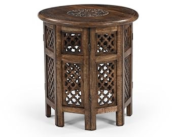 iAnanas Handgeschnitzter runder Beistelltisch mit orientalischer Mangoholz rustikaler Vintage Look ideal als Dekoration Nachttisch Wohnzimmer stabil & langlebig künstlerische Schnitzmuster 45x45x45cm