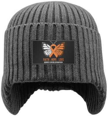 Butterfly Kidney Cancer Awareness Beanie Hat with Earflaps Winter Knitted Hat for Men Women Warm Knit Skull Ski Hat for Outdoor Gifts Gray