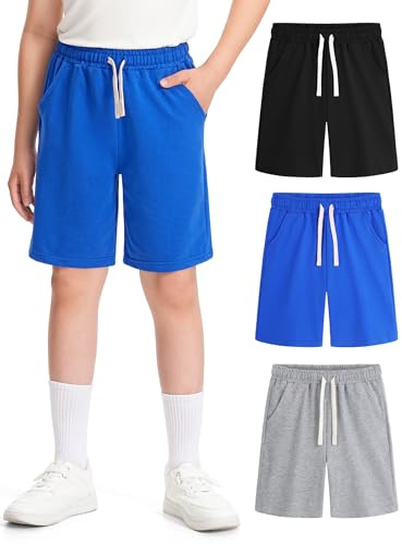 BOOPH 3 Pack Boys Shorts Boy Cotton Athletic Shorts Kids Casual Summer Clothes with Pockets 5-6 Years Black/Light Grey/Blue