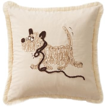 MOCOFO Scrawl Puppy - Funda de almohada bordada de 18 x 18 pulgadas, 100 % algodón, funda de cojín decorativa con flecos, color beige y marrón (núcleo de almohada no incluido) (blanco)