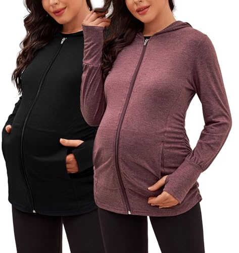 DEBELLY 2 Pack Maternity Zip Up Hoodie with Pockets for Pregnancy Wear
