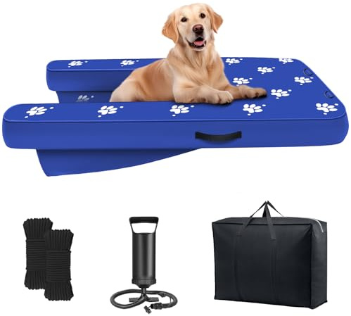 NGNFZQ Inflatable Dock Platform, Dog Boat Ramp Floating Non-Slip Oxford and PVC with Water Ramp for Dogs Pool, Dock, Lake with Traction Rope, Manual Air Pump (4.7ft x 3ft x 6in) Blue