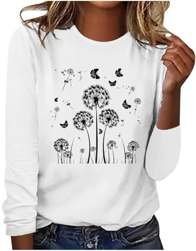 Maglia a maniche lunghe da Donna con Stampa di Denti di Leone Casual Girocollo Blusa Slim Fit Pullover Comodo Top Leggero a maniche lunghe T-Shirt Basic Cotone Longsleeve Tshirt Streetwear, #01 bianco