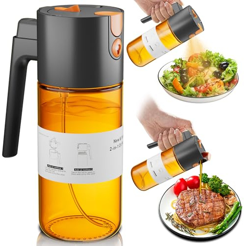 LAKUMIQI 2 in 1 Oil Sprayer for Cooking, 17oz Light-Blocking Glass Spray Bottle with Stickers, Oil Dispenser for Salad, Air Fryer & BBQ