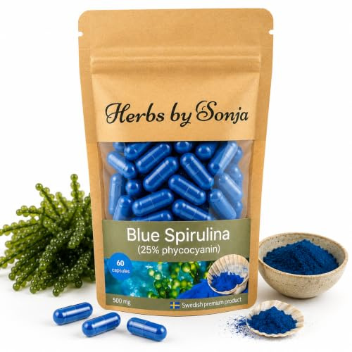 Blue Spirulina Kapslar 500mg, 60 Kapslar, med 25% Fyocyaninextrakt | Vegansk och tillsatsfri formel som stödjer naturligt fokus, vitalitet och antioxidantskydd varje dag i vardagen