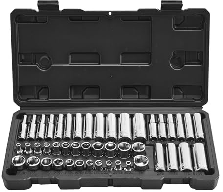 VEVOR Jeu de Douilles 46PCs à Entraînement de 6,4 mm, SAE et Métriques, Profondes et Standard, en Acier Allié CR-V Chromé, Kit d'Outils de Mécanicien avec Coffret, pour Réparation Automobile