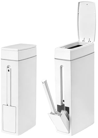 Wxeadu Bathroom Bin and Toilet Brush Set, 4.5L Bathroom Bin with Lid, Slim Bathroom Bins and Hidden Brush, Bathroom Trash Can, White Toilet Bin for Bathroom, Bedroom, Living Room Narrow Space