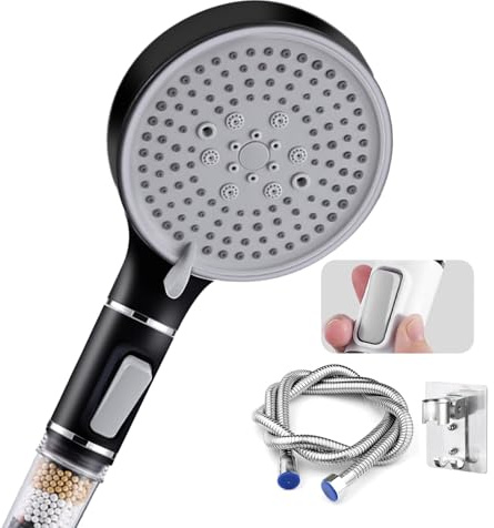 Alcachofa de Ducha Alta Presión con Flexo 2M y Soporte Adhesivo - Ducha de Mano 120mm, 5 Modos de Chorro, Filtro Iónico de 4 Capas, Universal G1/2 Ahorro de Agua para Agua Caliza