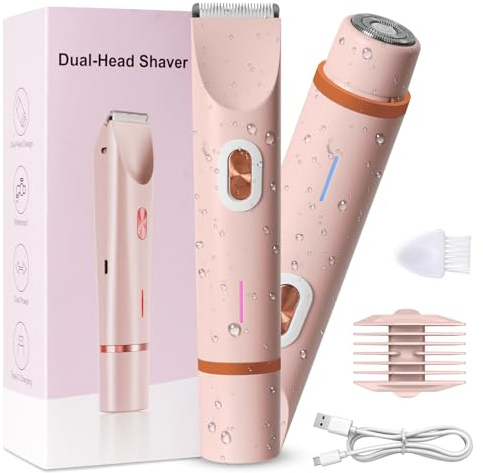 Afeitadora 2 en 1 para mujer, afeitadora íntima para mujeres con IPX7 impermeable, uso en húmedo y seco, afeitadora eléctrica recargable para mujer para axila, pierna, brazo, cuerpo, cara