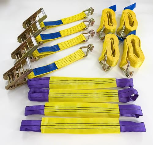 Damar Vehicle Transporter Recovery Straps, Polyester, 4m, Yellow, 5000kg Load Capacity, Heavy Duty Claw Hook, 4 Pieces
