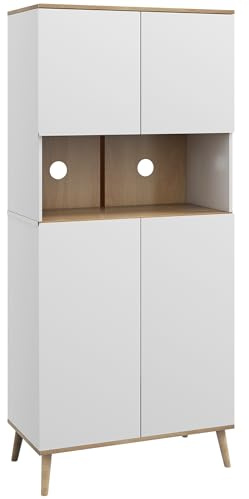 HOMCOM Alacena de Cocina Mueble Auxiliar de Cocina con 4 Puertas y Encimera para Microondas, Estantes Regulables, Orificio para Cable, Patas de Madera, Estilo Moderno, 80x40x178 cm Blanco