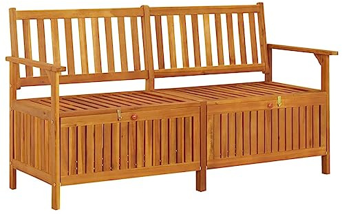 RuiNingRN Panca baule da 148 cm, in legno massiccio di acacia, con vano portaoggetti, robusta panca in legno robusto per giardino, terrazza, balcone, resistente alle intemperie, con schienale e