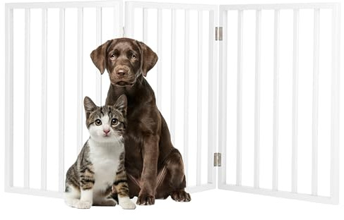 Pet Gate - 3-Panel Indoor Foldable Dog Fence for Stairs, Hallways or Doorways - 54x24-Inch Retractable Wood Freestanding Dog Gates by PETMAKER (White)
