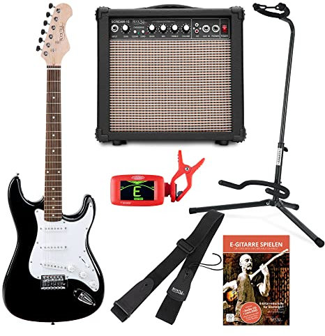 Rocktile Sphere Classic Black E-Gitarre Set (E-Gitarre in ST-Design mit 3 Tonabnehmer und Tremolo, inklusive Verstärker, Ständer, Stimmgerät, Gurt und Gitarrenkabel) Schwarz