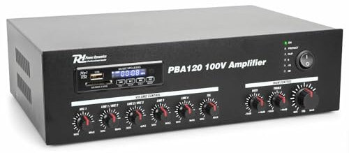 Power Dynamics PBA120 Amplificador para Sistema 100V o 120W Entrada de USB/SD MP3, conexión inalámbrica con Bluetooth, 2 entradas de micrófono, 2 entradas de Linea, Salida con RCA, Mando a Distancia