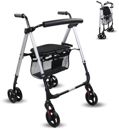 Mobiclinic®, Rollator faltbar und leicht, Gehhilfe, Für übergewichtige menschen, Faltbare, Leichtgewicht, Verstellbare beine sitz, Mit 4 rädern, Stockhalter, Korb