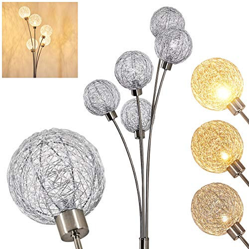 Lampada da terra Bernado dimmerabile all'infinito in nichel opaco/argento, G9, 5 globi metallici, lampada ad arco, soggiorno/camera da letto/corridoio, interruttore a pedale sul cavo, senza lampadine