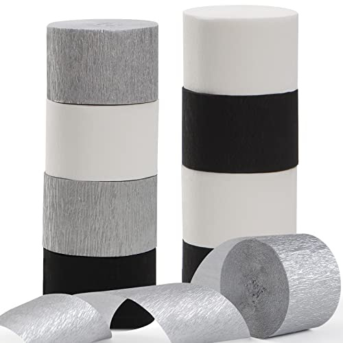 Black White Silver Party-Decorations Streamers - 9 Rolls Graduation Men Boys Birthday Crepe Tissue Paper Streamer Banner, Wedding Baby Bridal Shower New Years Garland Decor Panduola