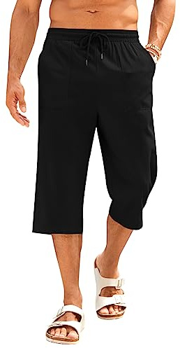 PASLTER Pantalones capri de lino para hombre, casuales, ligeros, 3/4, cintura elástica, cordón ajustable, pantalones cortos de yoga con bolsillos, Negro -, XX-Large