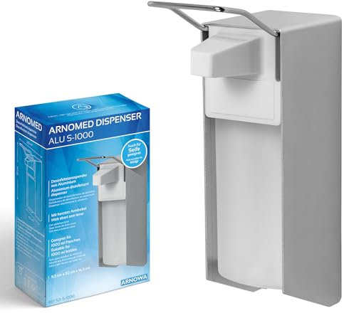 ARNOMED 1 dispensador jabon baño pared de aluminio para 1000 ml, dispensador jabon pared de palanca corta, dispensador de jabon pared, desinfectante manos dispensador
