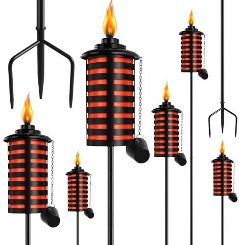 FAN-Torches Antorchas de jardín de 473 ml, de metal, para decoración de jardín, 150 cm, antorchas de citronela de 3 dientes, estaca con tierra, antorchas de luz de metal para fiestas, patios,