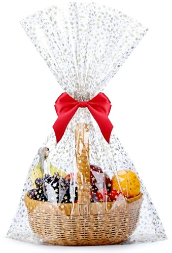 Voikinfo stora cellofanpåsar för presentinslagning, 15 st, 46 x 76 cm, klara cellofanpåsar med guldstjärnor för korginslagning, godispåsar och festförpackning med guldbindtråd