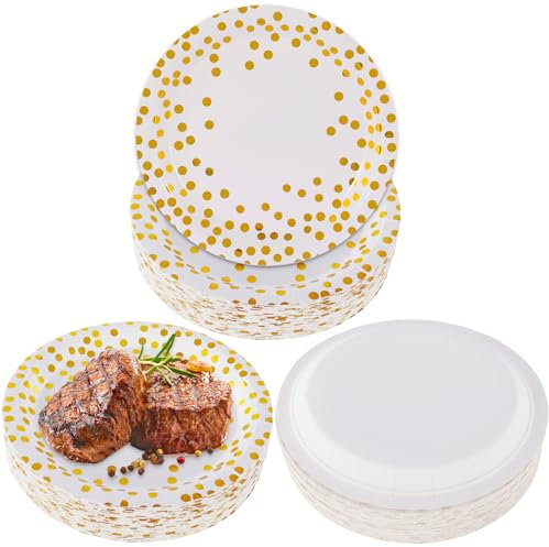 CYZBL 50 Platos Oro Desechables de Papel Con Lunares Dorados, 7 Pulgadas, Vajilla de Fiesta para Bodas, Cumpleaños, Aniversarios, Camping, Picnics (Blanco)