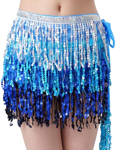 Alpha Sequins Tassel Ballet Dance Fringe Hip Scarf, Belly Dance Sequin Tassel Performance Skirt with Sparkle and Rave Fringe (UK, One Size, Regular, Silver with Blue)
