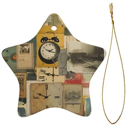 Alte Fotouhr Weihnachtsanhänger, Keramikmaterial, exquisite fünfzackige Sternform, Atmosphäre Anhänger, Weihnachtsbaumschmuck